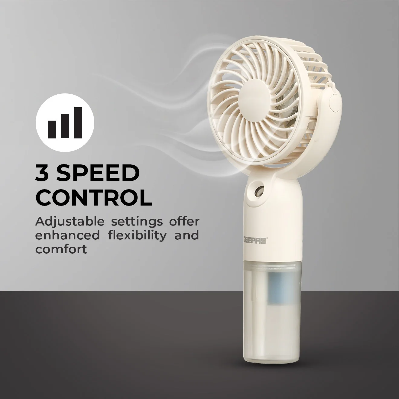 Geepas Mini Handheld Mist Fan GF21224|3 Speed Settings, Mist Spray Function, Up to 6H Runtime, Rechargeable Long-Lasting Battery, Silent Cooling Fan for Travel & Outdoors - Image 3