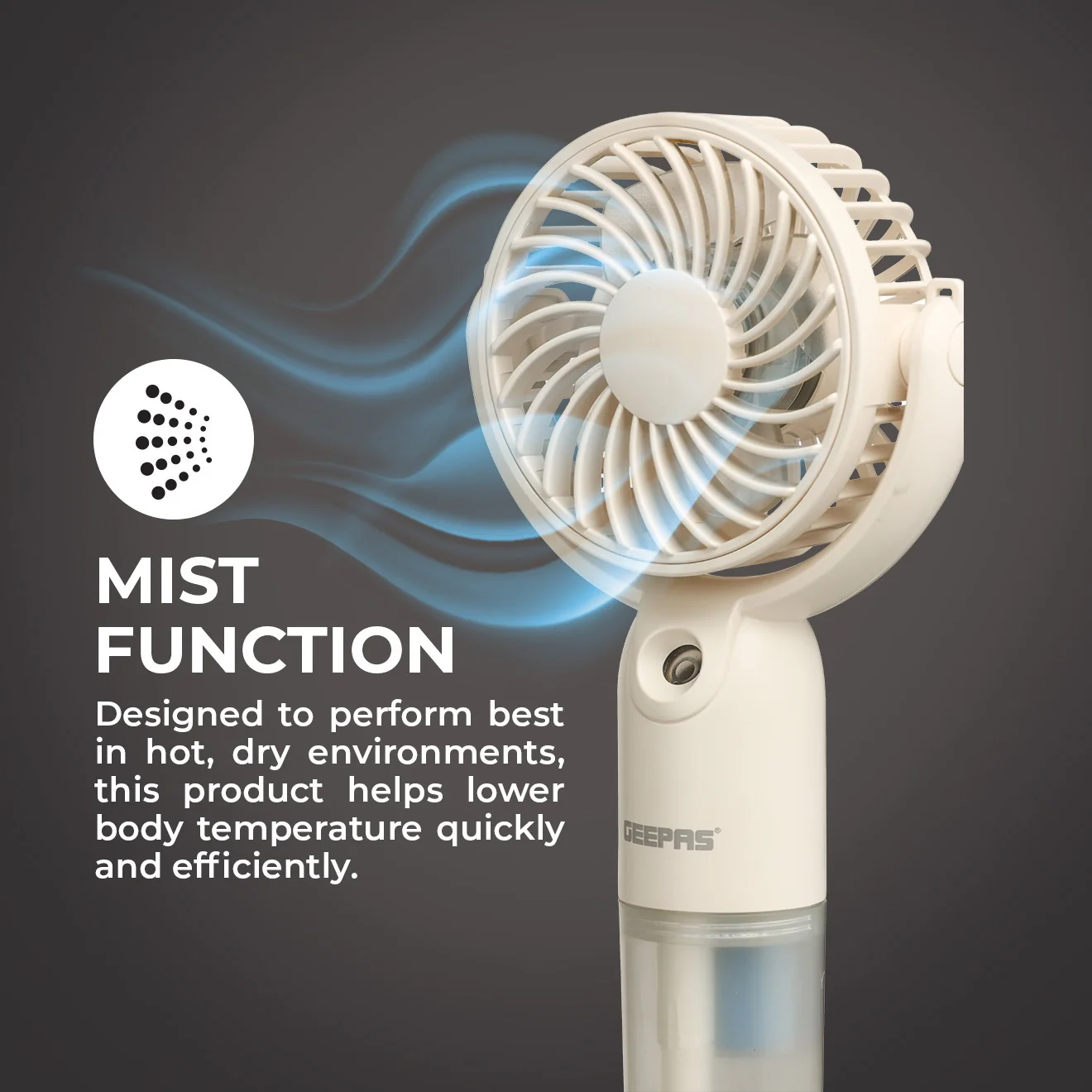 Geepas Mini Handheld Mist Fan GF21224|3 Speed Settings, Mist Spray Function, Up to 6H Runtime, Rechargeable Long-Lasting Battery, Silent Cooling Fan for Travel & Outdoors - Image 4