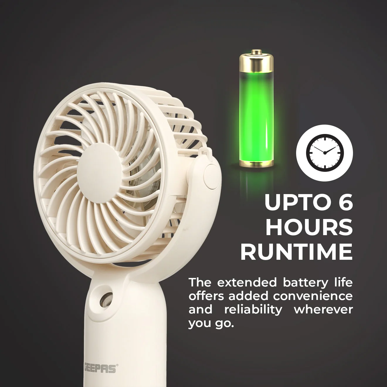 Geepas Mini Handheld Mist Fan GF21224|3 Speed Settings, Mist Spray Function, Up to 6H Runtime, Rechargeable Long-Lasting Battery, Silent Cooling Fan for Travel & Outdoors - Image 6