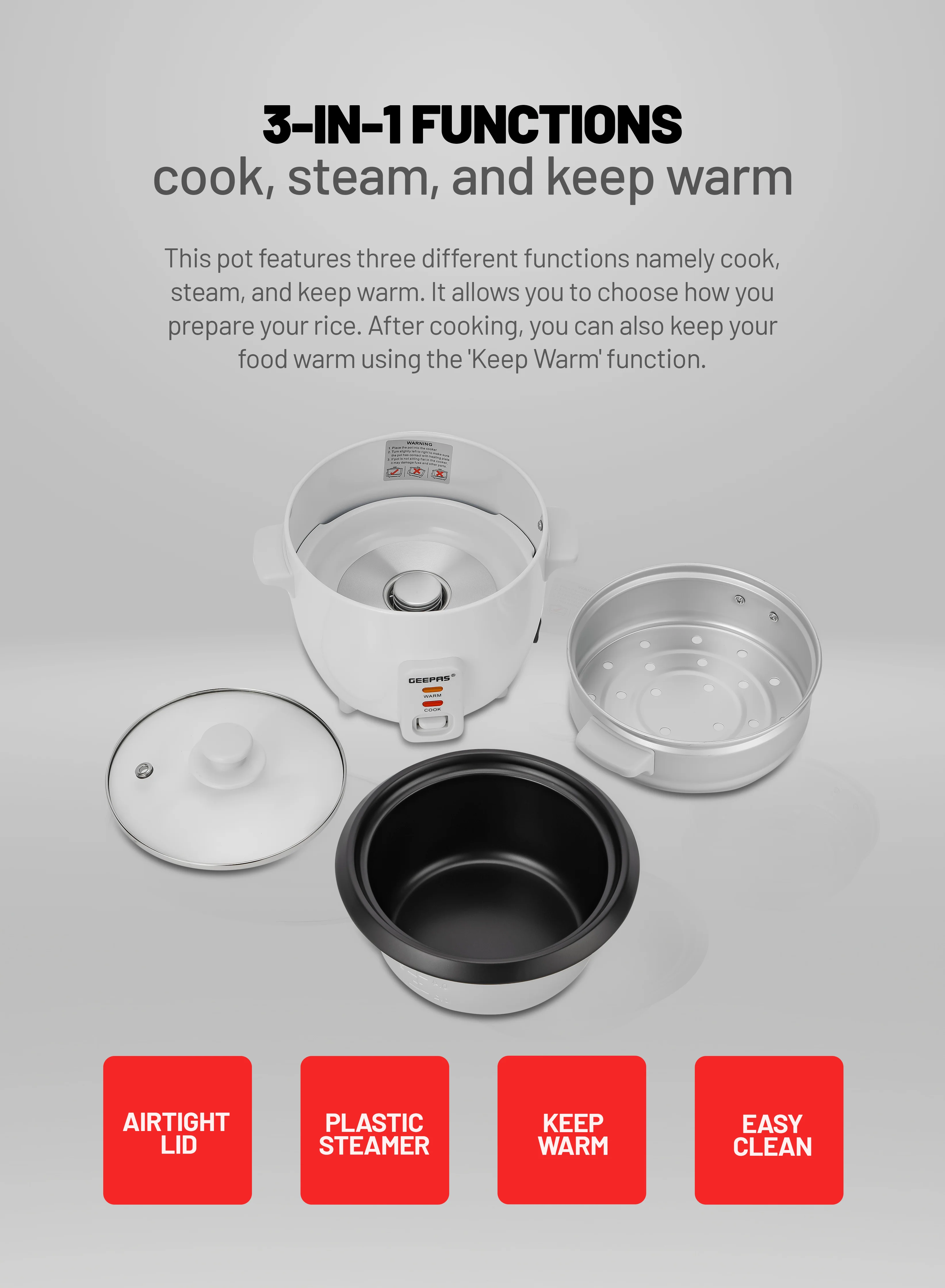 Geepas Multifunction Rice Cooker GRC4324 | 0.6L Compact Capacity | Ideal for Cooking, Steaming & Keeping Food Warm | Efficient, Durable & Easy to Use | 2 Years Warranty - Image 3