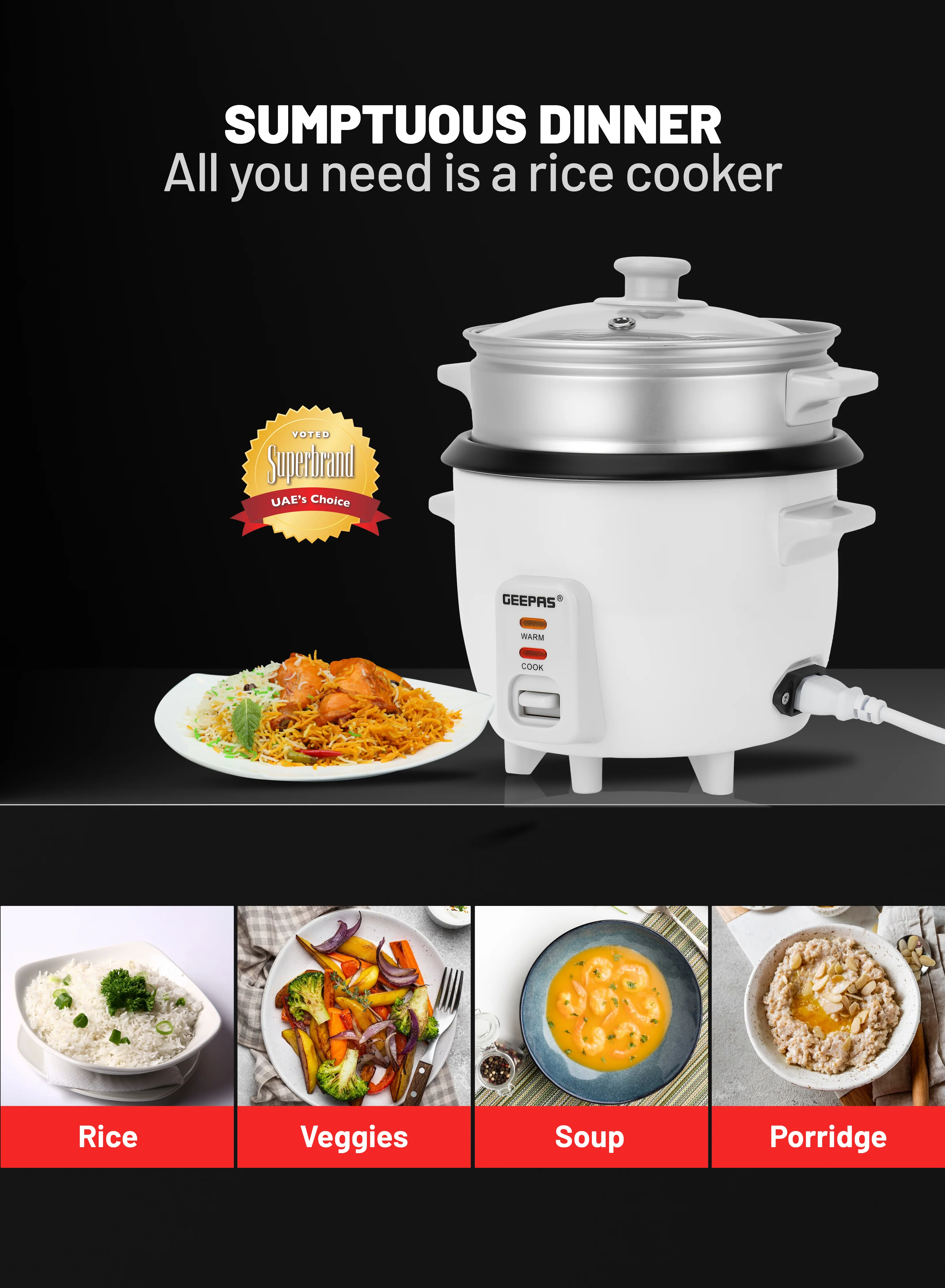 Geepas Multifunction Rice Cooker GRC4324 | 0.6L Compact Capacity | Ideal for Cooking, Steaming & Keeping Food Warm | Efficient, Durable & Easy to Use | 2 Years Warranty - Image 4