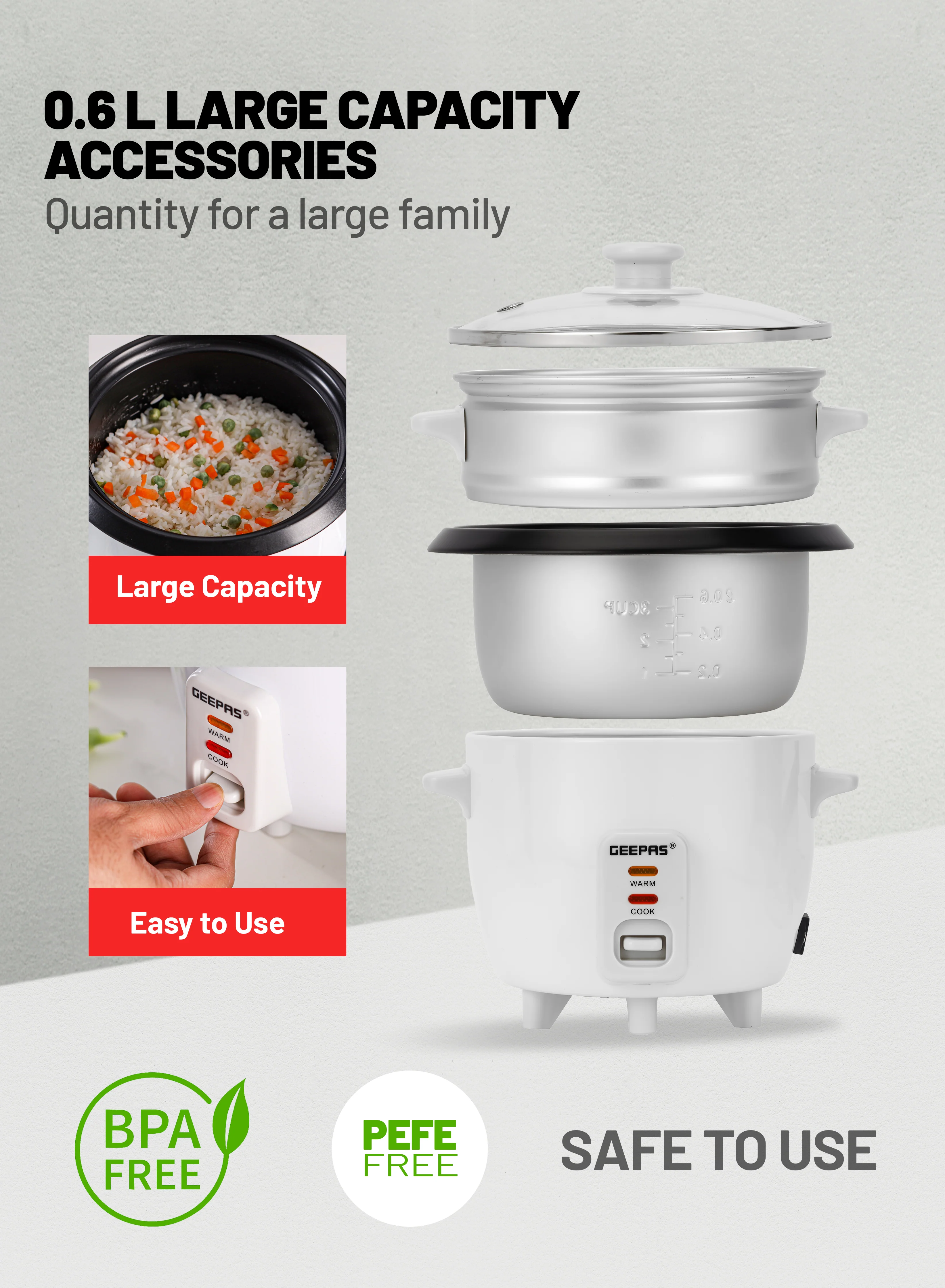 Geepas Multifunction Rice Cooker GRC4324 | 0.6L Compact Capacity | Ideal for Cooking, Steaming & Keeping Food Warm | Efficient, Durable & Easy to Use | 2 Years Warranty - Image 5