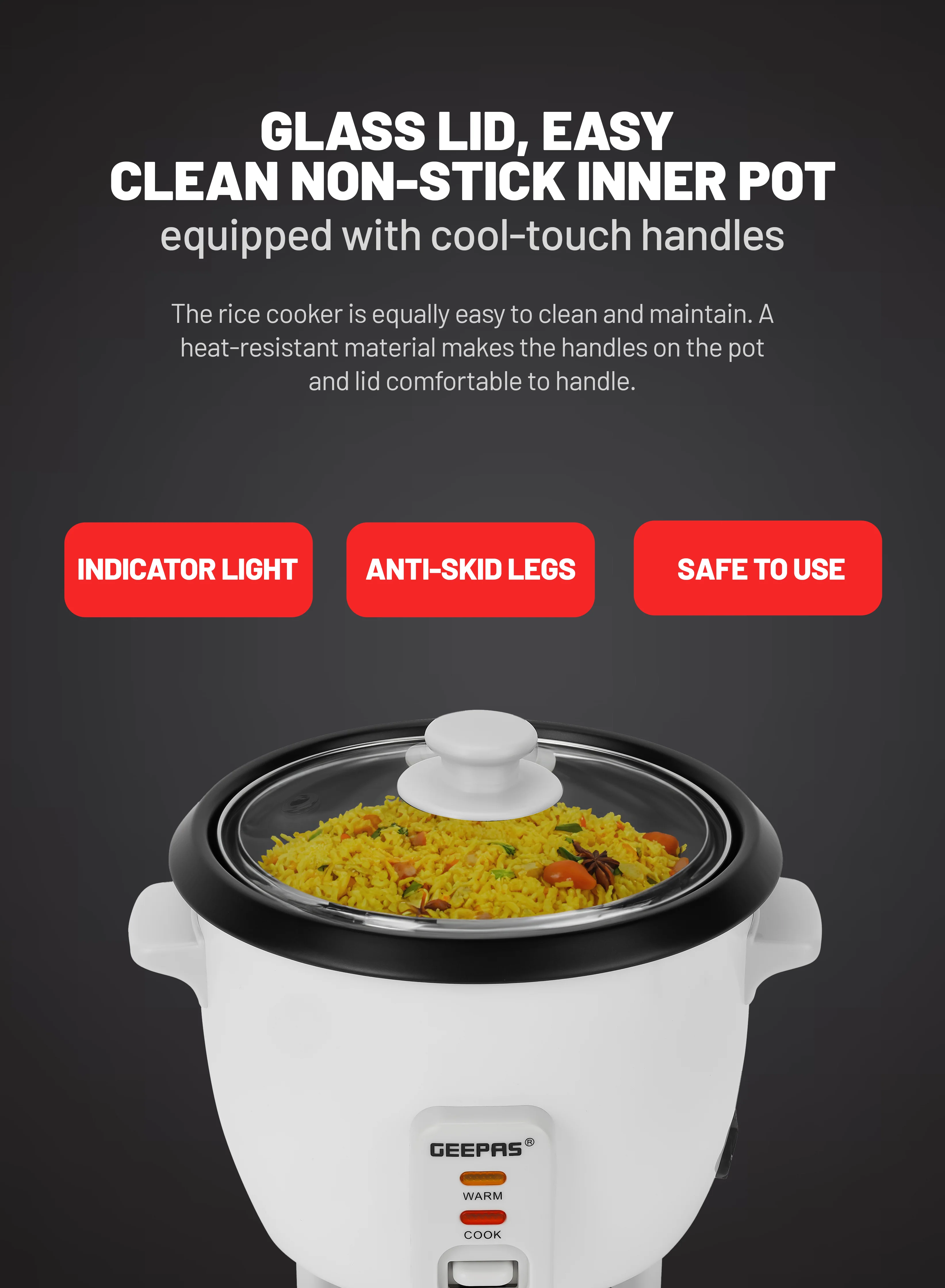 Geepas Multifunction Rice Cooker GRC4324 | 0.6L Compact Capacity | Ideal for Cooking, Steaming & Keeping Food Warm | Efficient, Durable & Easy to Use | 2 Years Warranty - Image 6