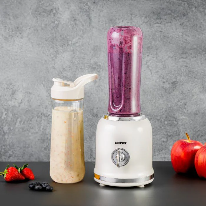 Geepas Personal Blender- GSB44113/ 300W/ 2 BPA-Free Tritan Bottles/ 600 ML/ Transparent & Unbreakable Bottles with Stainless Steel Blade/  2 Years Warranty, White - Image 2