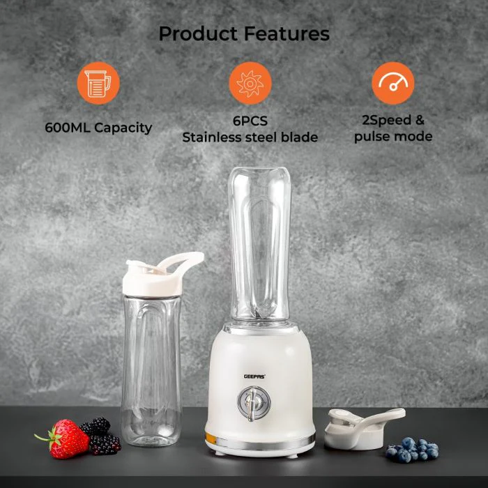 Geepas Personal Blender- GSB44113/ 300W/ 2 BPA-Free Tritan Bottles/ 600 ML/ Transparent & Unbreakable Bottles with Stainless Steel Blade/  2 Years Warranty, White - Image 3