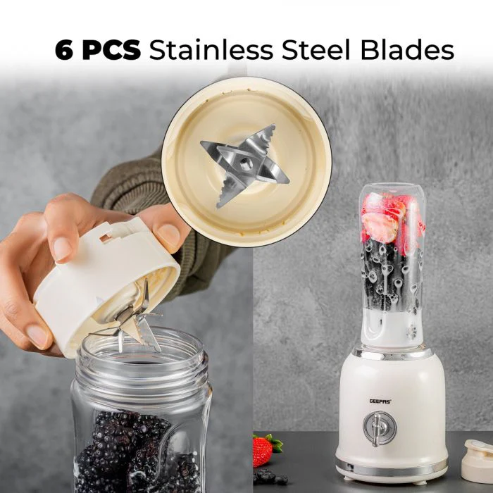 Geepas Personal Blender- GSB44113/ 300W/ 2 BPA-Free Tritan Bottles/ 600 ML/ Transparent & Unbreakable Bottles with Stainless Steel Blade/  2 Years Warranty, White - Image 4
