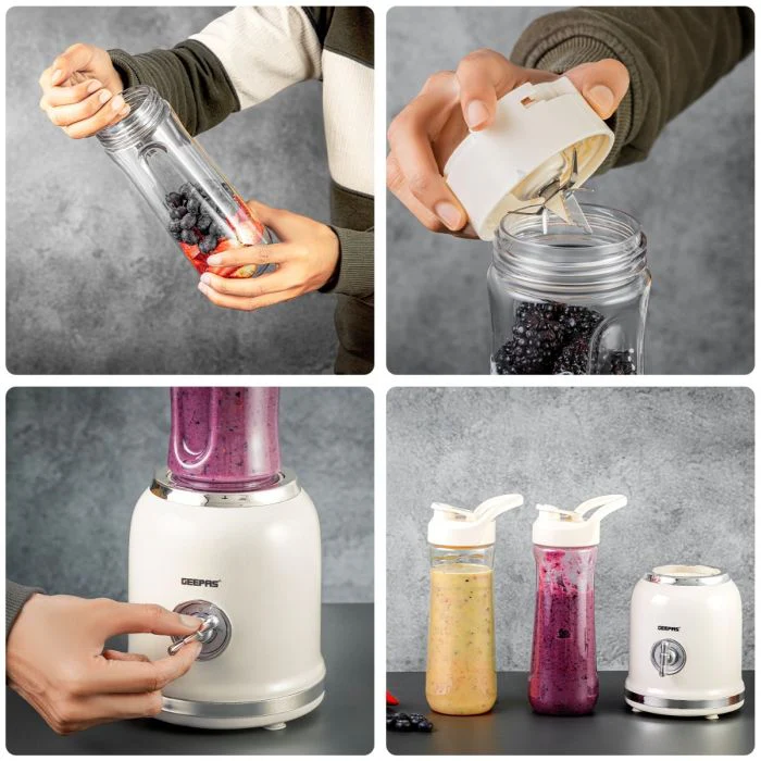 Geepas Personal Blender- GSB44113/ 300W/ 2 BPA-Free Tritan Bottles/ 600 ML/ Transparent & Unbreakable Bottles with Stainless Steel Blade/  2 Years Warranty, White - Image 5