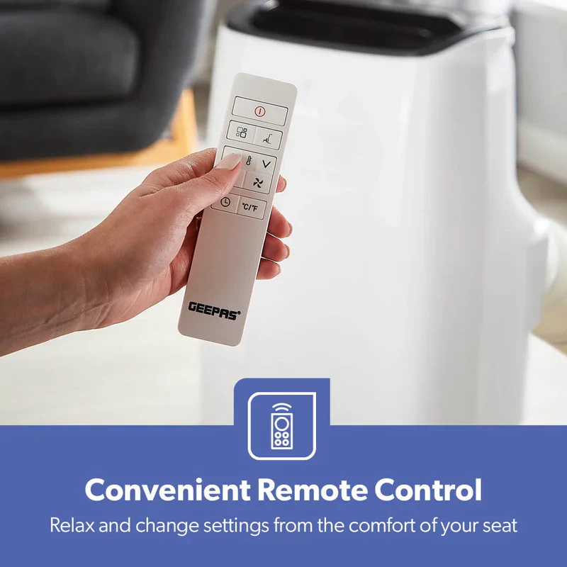 Geepas Portable Air Conditioner GACP9023CU| 9000 BTU| 3 Modes| 2 Speeds| Dehumidifier| Self-Evaporation| Digital Display| Remote Control, 24H Timer| Easy Move Wheels - Image 6