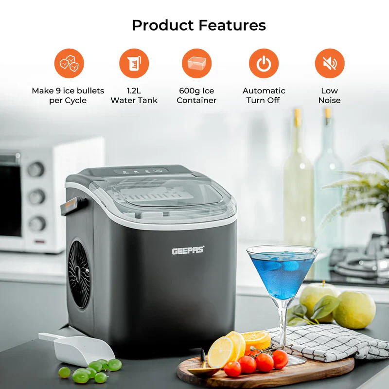 Geepas Portable Automatic Ice Maker GIM63053UK | 12kg/Day Production Capacity| 1.2L Water Tank| 600g Ice Storage| Makes 9 Ice Bullets in 7 Minutes| 2 Years Warranty - Image 4