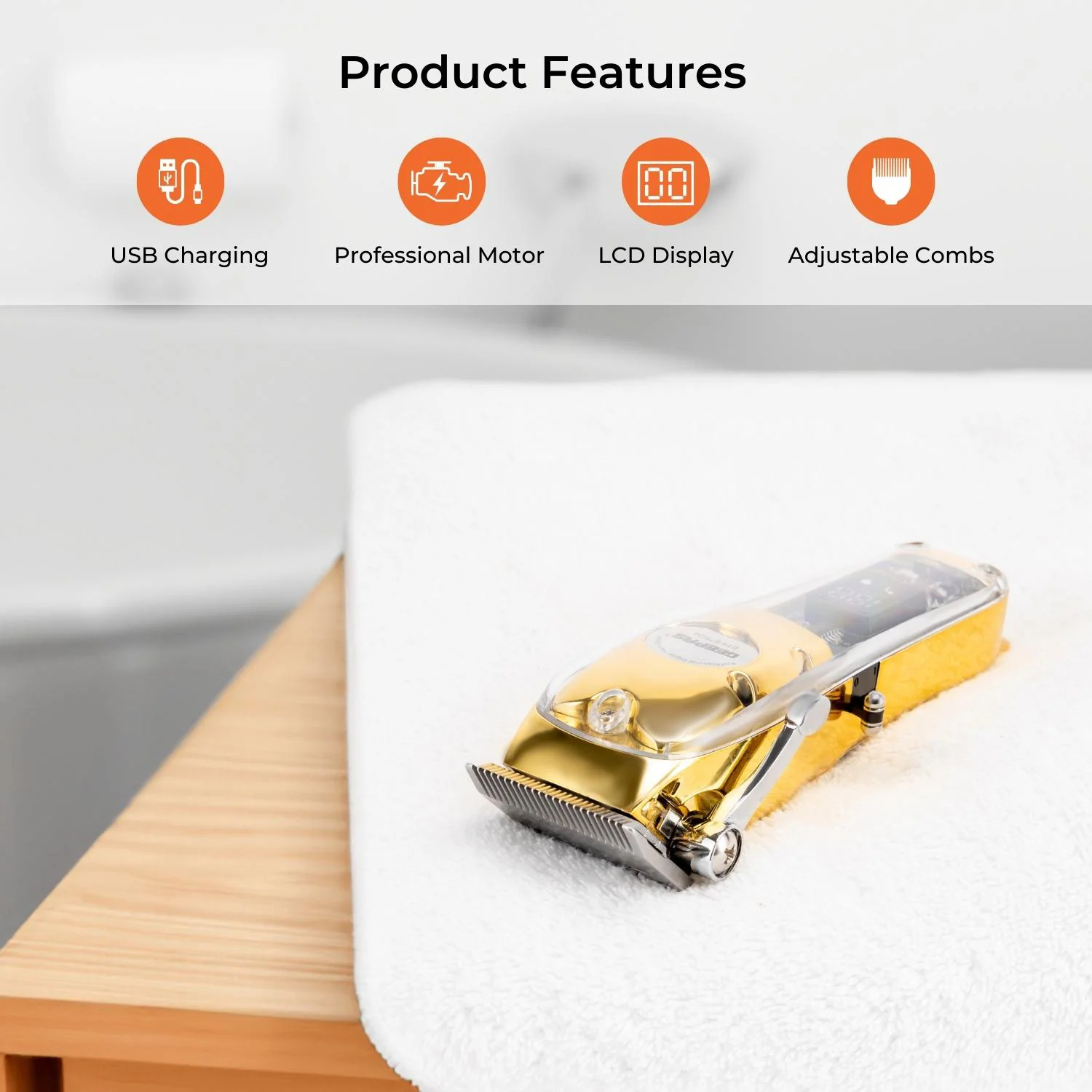 Geepas Professional Digital Hair Clipper GTR57504 | High-Capacity Battery & Fast USB Charging | 4 Adjustable Blades, 8 Combs, LCD Display, 2Year Warranty, Golden - Image 2