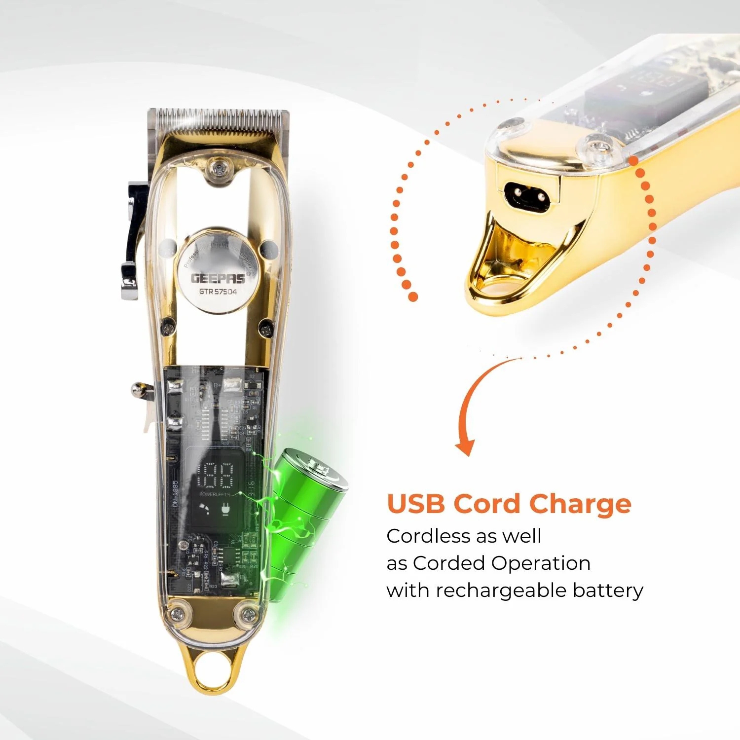 Geepas Professional Digital Hair Clipper GTR57504 | High-Capacity Battery & Fast USB Charging | 4 Adjustable Blades, 8 Combs, LCD Display, 2Year Warranty, Golden - Image 3