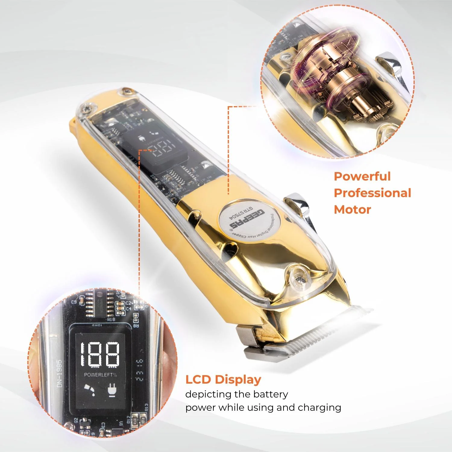 Geepas Professional Digital Hair Clipper GTR57504 | High-Capacity Battery & Fast USB Charging | 4 Adjustable Blades, 8 Combs, LCD Display, 2Year Warranty, Golden - Image 4