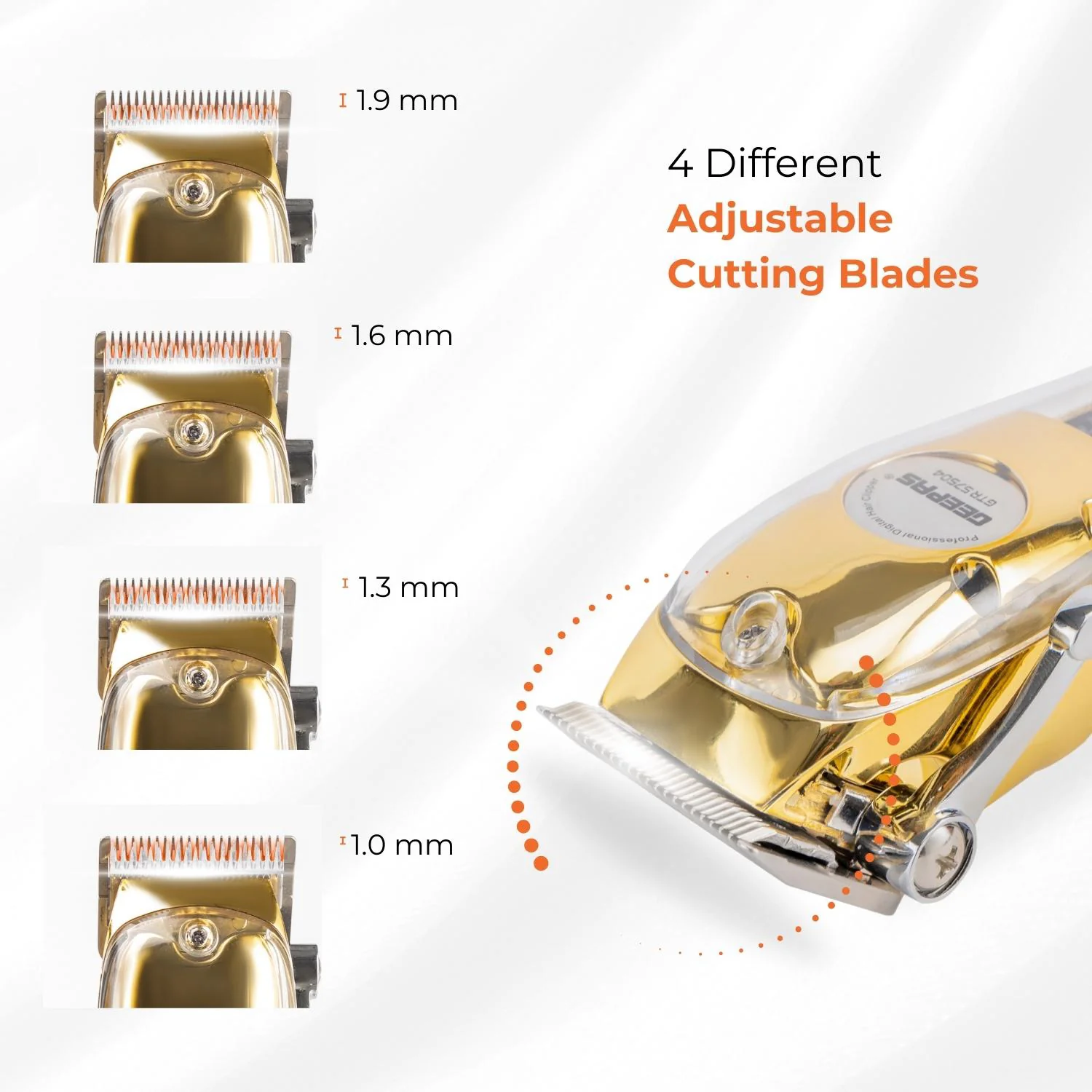 Geepas Professional Digital Hair Clipper GTR57504 | High-Capacity Battery & Fast USB Charging | 4 Adjustable Blades, 8 Combs, LCD Display, 2Year Warranty, Golden - Image 5