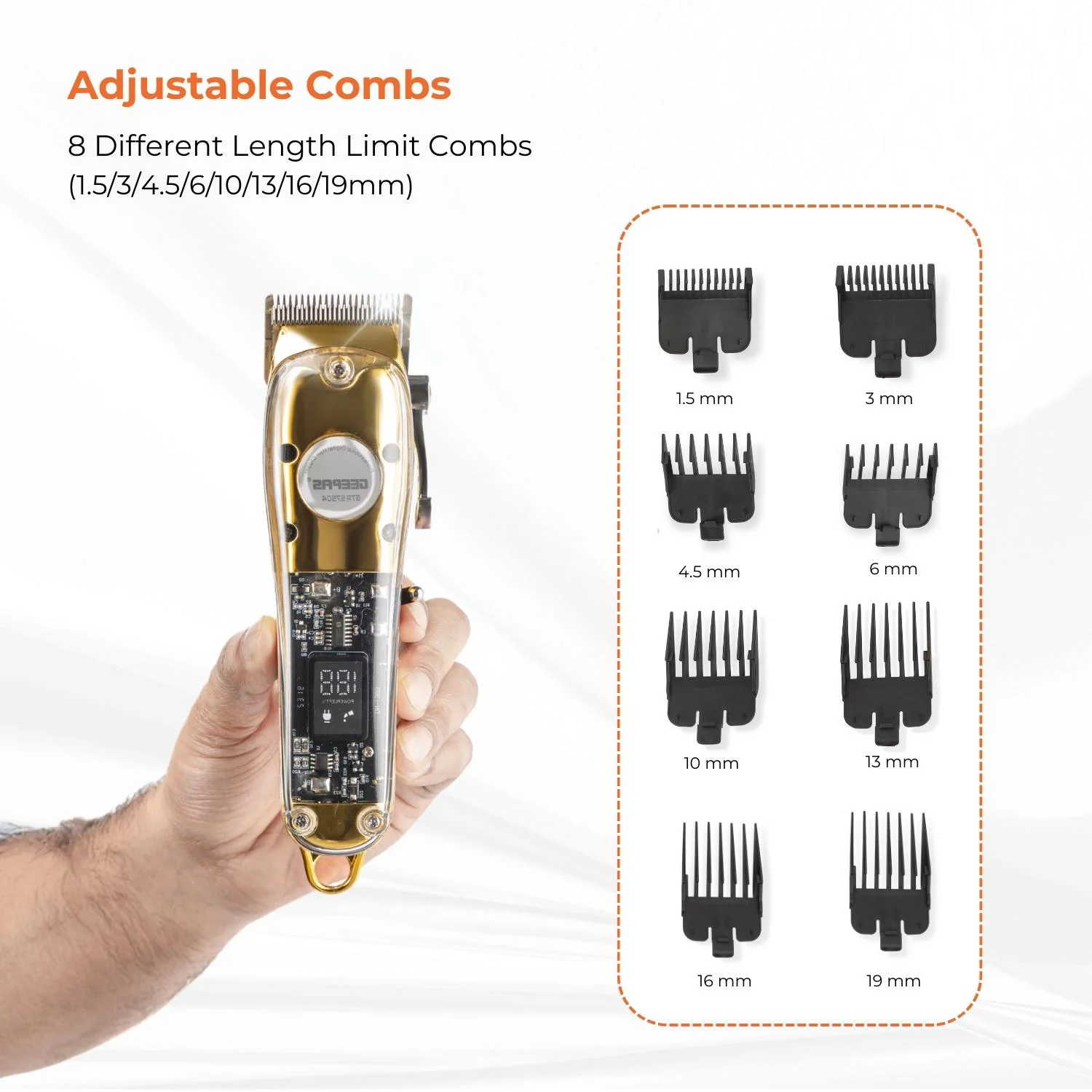 Geepas Professional Digital Hair Clipper GTR57504 | High-Capacity Battery & Fast USB Charging | 4 Adjustable Blades, 8 Combs, LCD Display, 2Year Warranty, Golden - Image 6