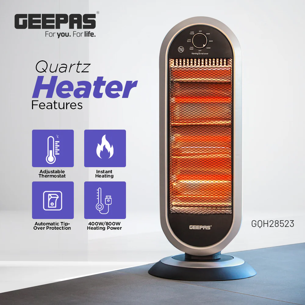 Geepas Quartz Heater GQH28523 | 400W/800W/1200W Instant Heating | Adjustable Thermostat| Wide-Angle Oscillation| Tip-Over Protection & Cool Touch Body | 2 Years Warranty - Image 4
