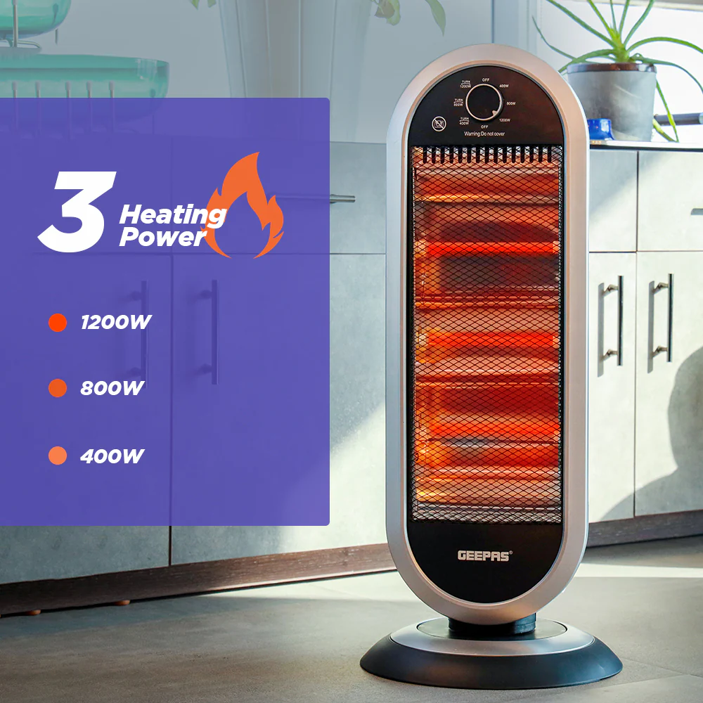 Geepas Quartz Heater GQH28523 | 400W/800W/1200W Instant Heating | Adjustable Thermostat| Wide-Angle Oscillation| Tip-Over Protection & Cool Touch Body | 2 Years Warranty - Image 6