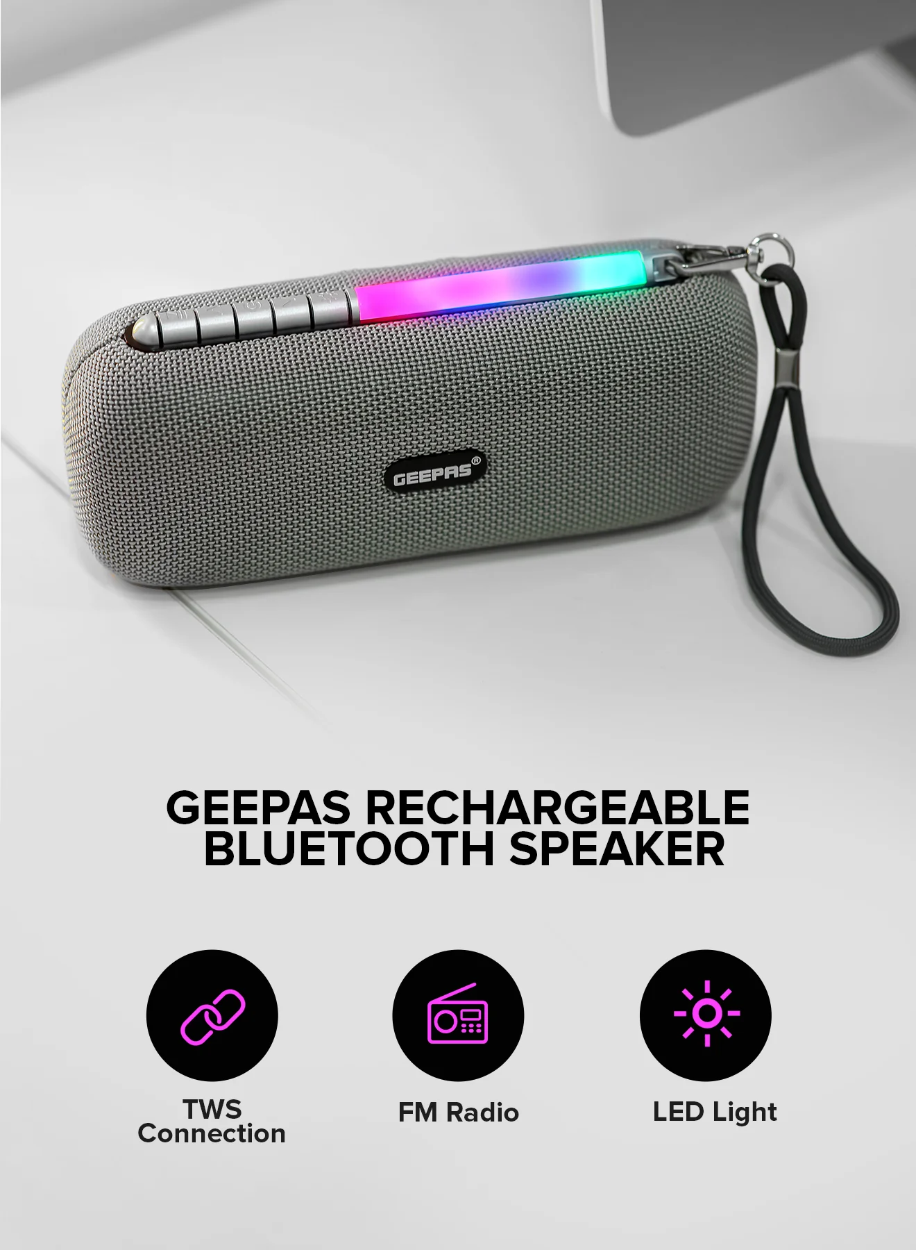 Geepas GMS11172 Rechargeable Bluetooth Speaker |10W Powerful Stereo Output| TWS Connectivity|  USB/TF/AUX/FM Support| Hands-Free Calling| Portable Design|2 Years Warranty - Image 3