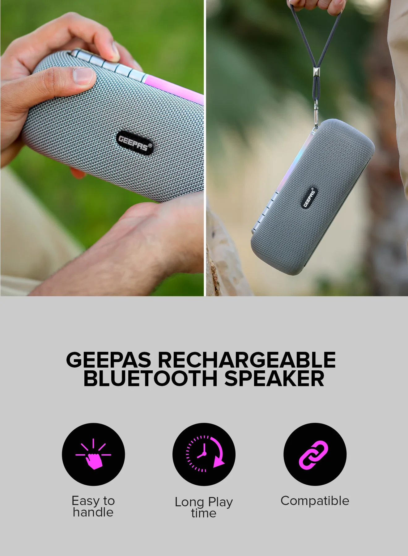 Geepas GMS11172 Rechargeable Bluetooth Speaker |10W Powerful Stereo Output| TWS Connectivity|  USB/TF/AUX/FM Support| Hands-Free Calling| Portable Design|2 Years Warranty - Image 5