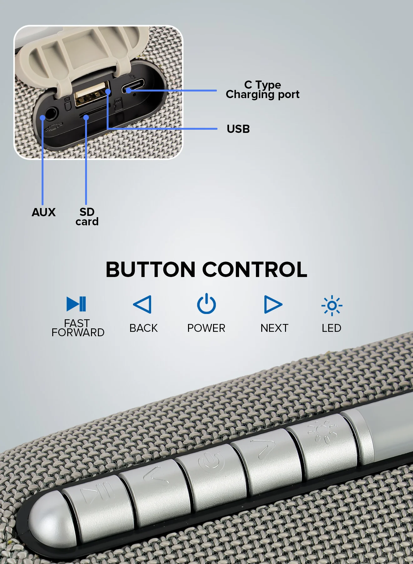 Geepas GMS11172 Rechargeable Bluetooth Speaker |10W Powerful Stereo Output| TWS Connectivity|  USB/TF/AUX/FM Support| Hands-Free Calling| Portable Design|2 Years Warranty - Image 7