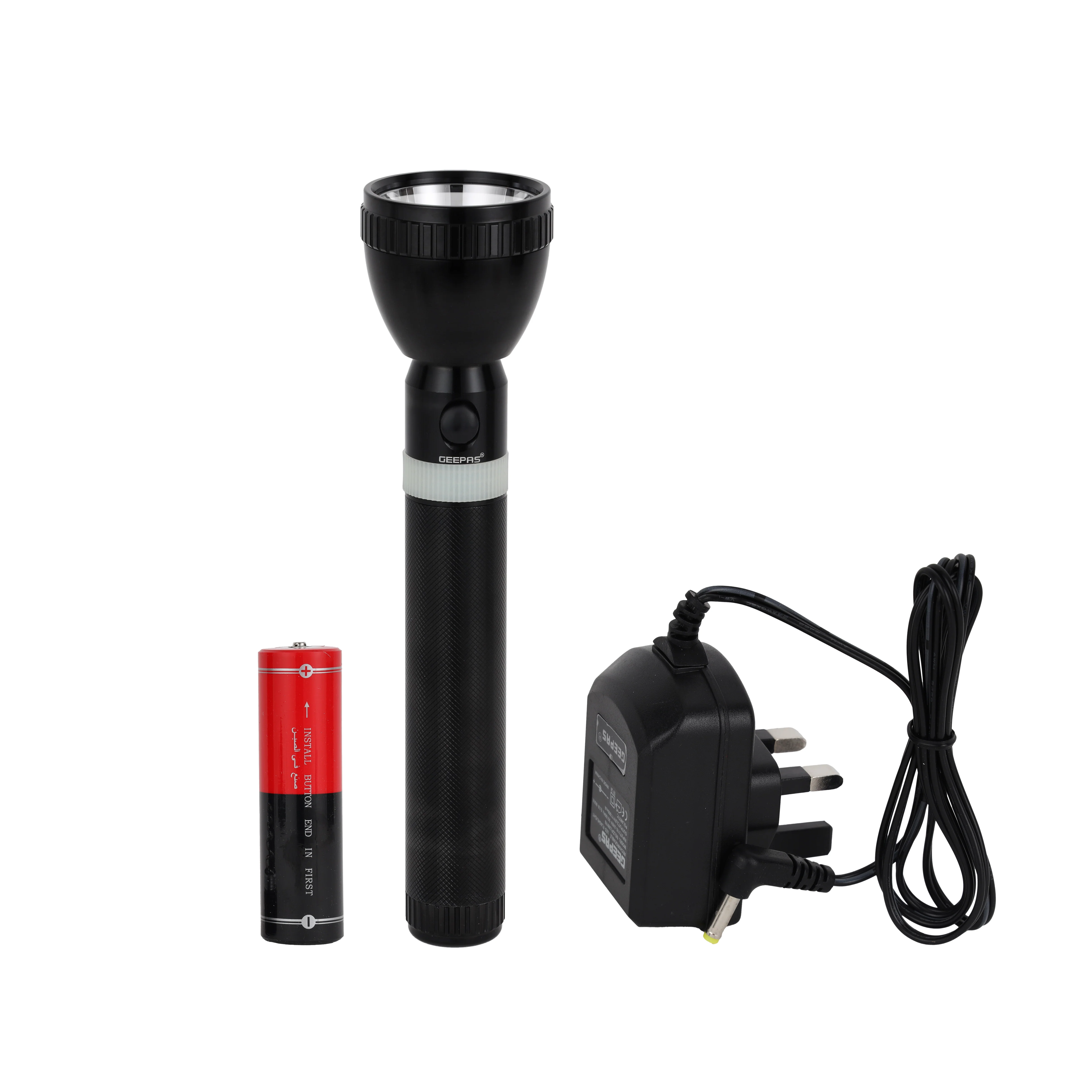 Geepas Rechargeable LED Flashlight 287mm- Hyper Bright White 2500 Meters Range, High Beam LED Flashlight| Pocket Flashlight with Charger | Ideal for Patrolling, Trekking, Emergency Power Cut - Image 3