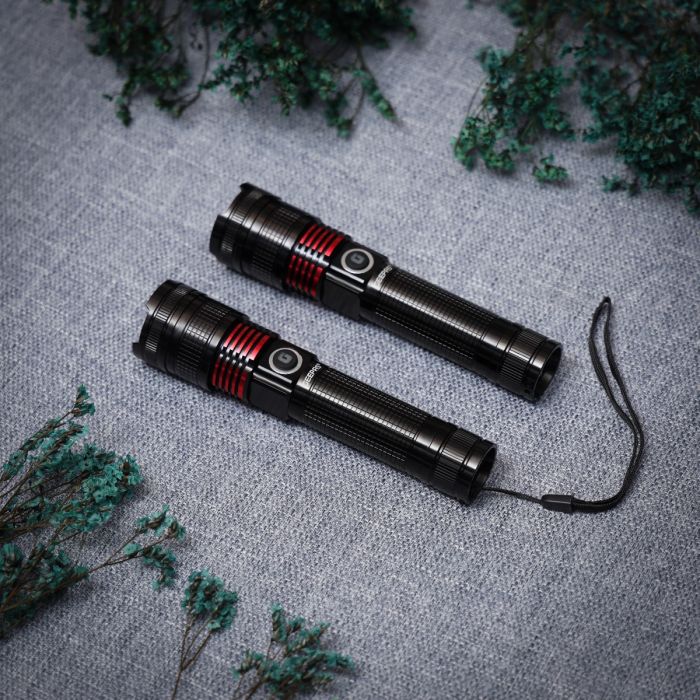 Geepas Rechargeable LED Flashlight- GFL4667/ Pack of 2, 15W, Perfect for Indoor and Outdoor Use, 5 Hours Continuous Working/ with Aluminum Housing, Lithium Battery/ Black, Lifetime Warranty - Image 2