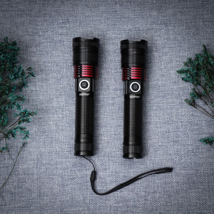 Geepas Rechargeable LED Flashlight- GFL4667/ Pack of 2, 15W, Perfect for Indoor and Outdoor Use, 5 Hours Continuous Working/ with Aluminum Housing, Lithium Battery/ Black, Lifetime Warranty - Image 3