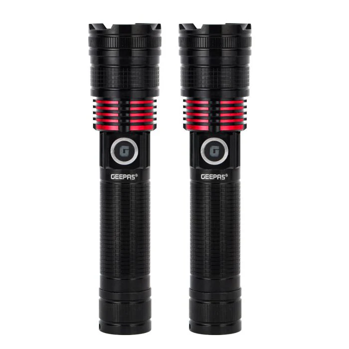 Geepas Rechargeable LED Flashlight- GFL4667/ Pack of 2, 15W, Perfect for Indoor and Outdoor Use, 5 Hours Continuous Working/ with Aluminum Housing, Lithium Battery/ Black, Lifetime Warranty - Image 4