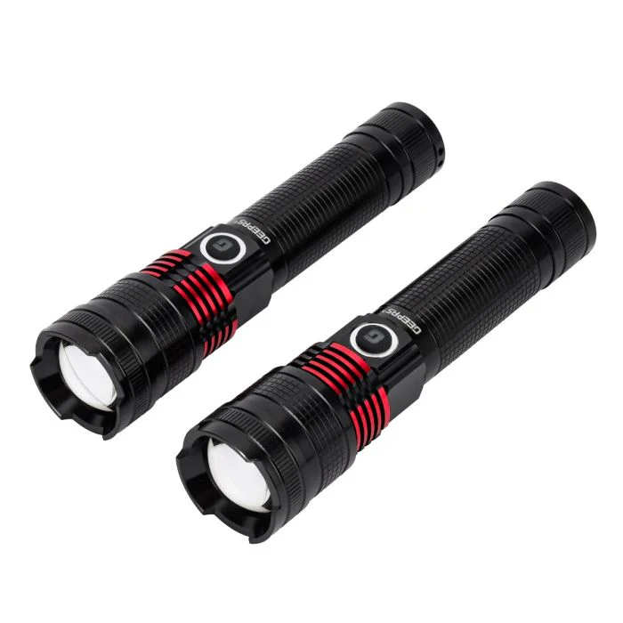 Geepas Rechargeable LED Flashlight- GFL4667/ Pack of 2, 15W, Perfect for Indoor and Outdoor Use, 5 Hours Continuous Working/ with Aluminum Housing, Lithium Battery/ Black, Lifetime Warranty - Image 5