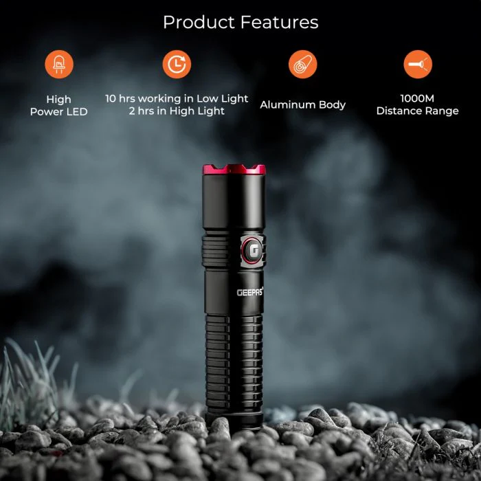 Geepas Rechargeable LED Flashlight- GFL51065/ 20W, 5000-6500K, 2500 LM, Perfect for Indoor and Outdoor Use, 10 Hours Continuous Working/ with Aircraft Aluminum Housing, Waterproof IPX5, Lithium Battery and Power Reminder/ Black, Lifetime Warranty - Image 2