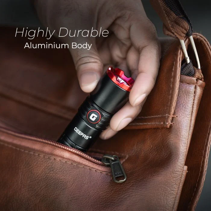 Geepas Rechargeable LED Flashlight- GFL51065/ 20W, 5000-6500K, 2500 LM, Perfect for Indoor and Outdoor Use, 10 Hours Continuous Working/ with Aircraft Aluminum Housing, Waterproof IPX5, Lithium Battery and Power Reminder/ Black, Lifetime Warranty - Image 3