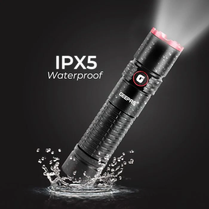 Geepas Rechargeable LED Flashlight- GFL51065/ 20W, 5000-6500K, 2500 LM, Perfect for Indoor and Outdoor Use, 10 Hours Continuous Working/ with Aircraft Aluminum Housing, Waterproof IPX5, Lithium Battery and Power Reminder/ Black, Lifetime Warranty - Image 4