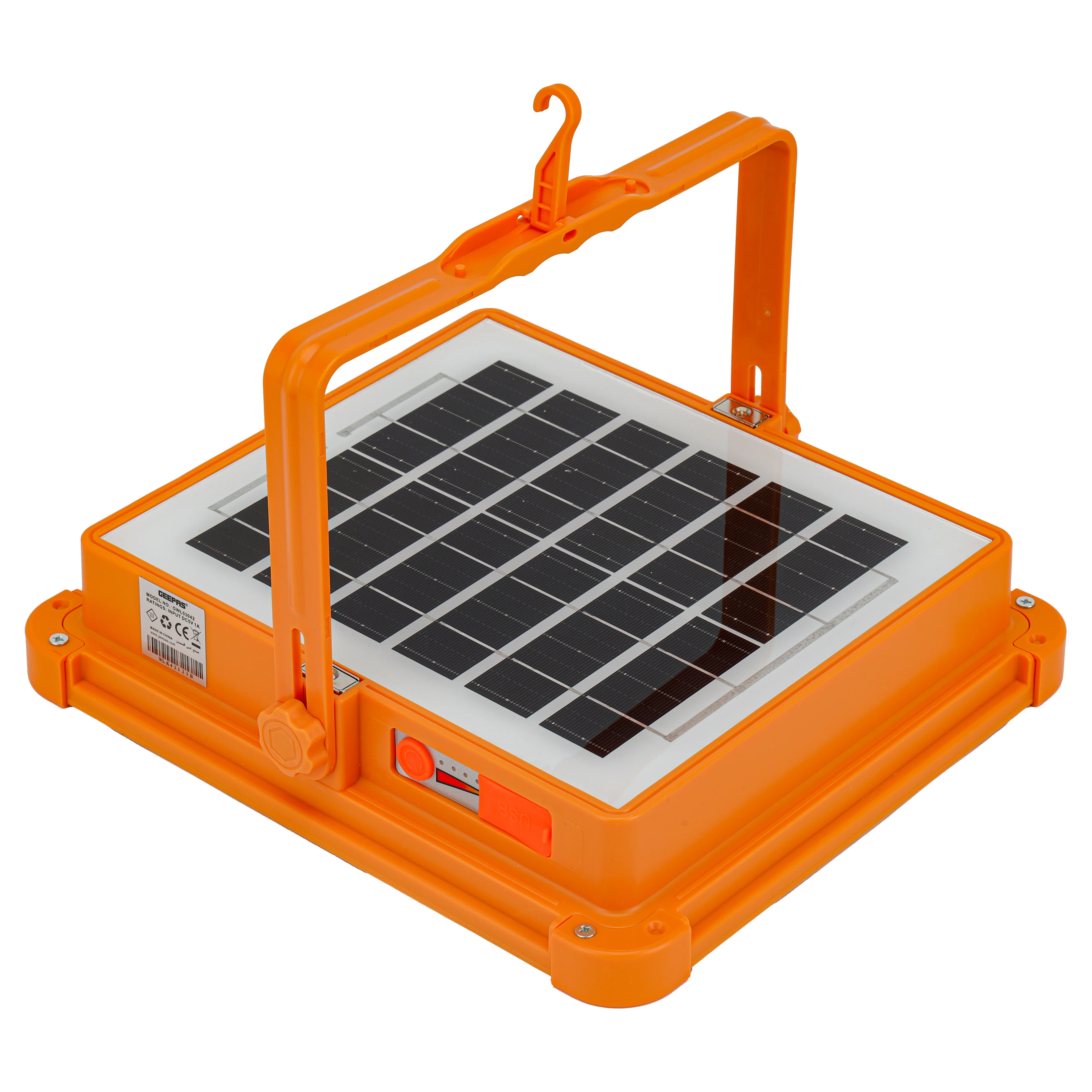 Geepas Rechargeable LED Work Light- GWL53042 | 448 LEDs, 1500lm with White, Warm, Blue & Red Lights | Solar Panel, Energy Saving, Durable, Orange Body | 2Year Warranty - Image 4