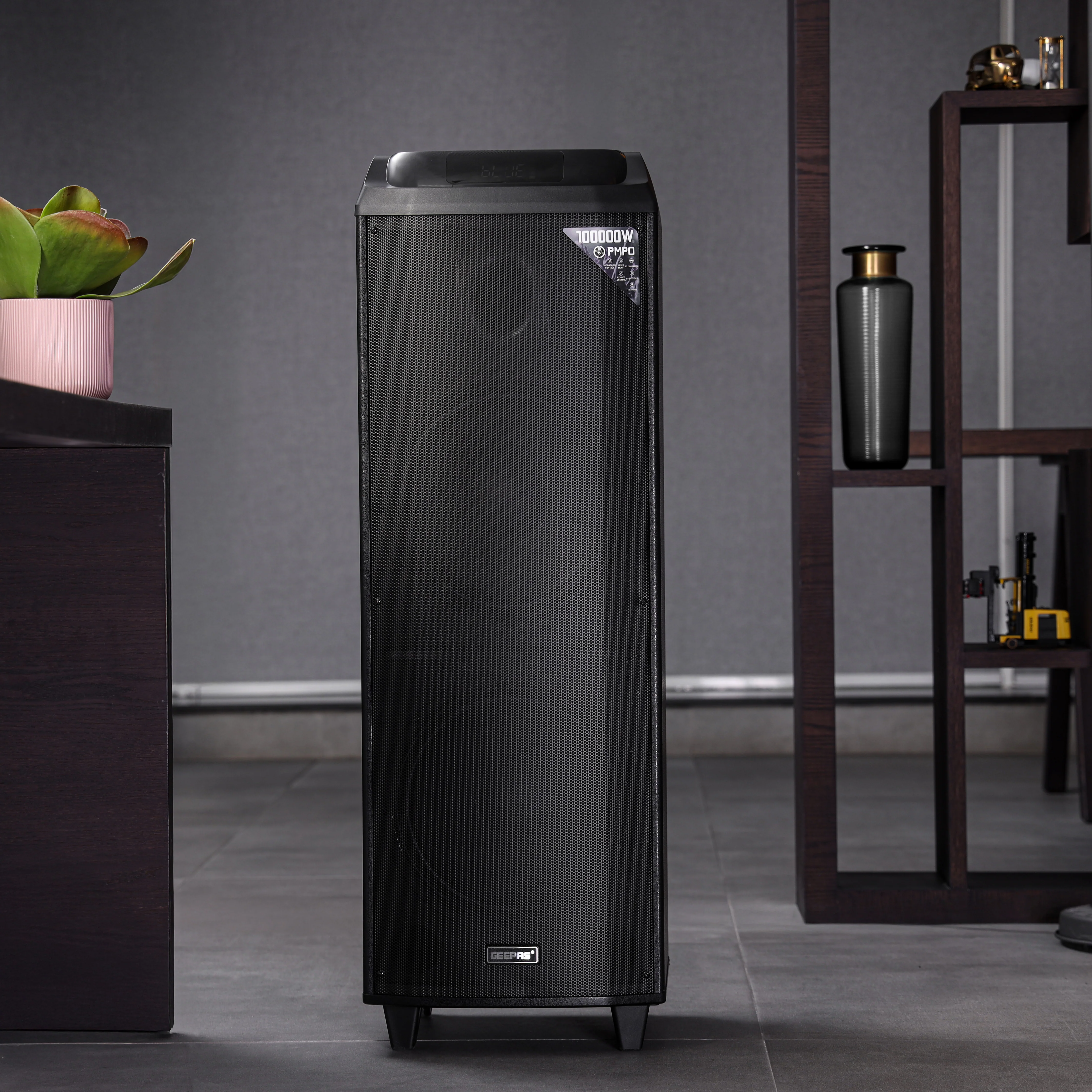 Geepas Rechargeable Professional Speaker- GMS11153/ UHF Mic, USB, TF, TWS, Bluetooth and FM Radio/ Includes Remote Control, Laser Light and LED Panel, Black - Image 3