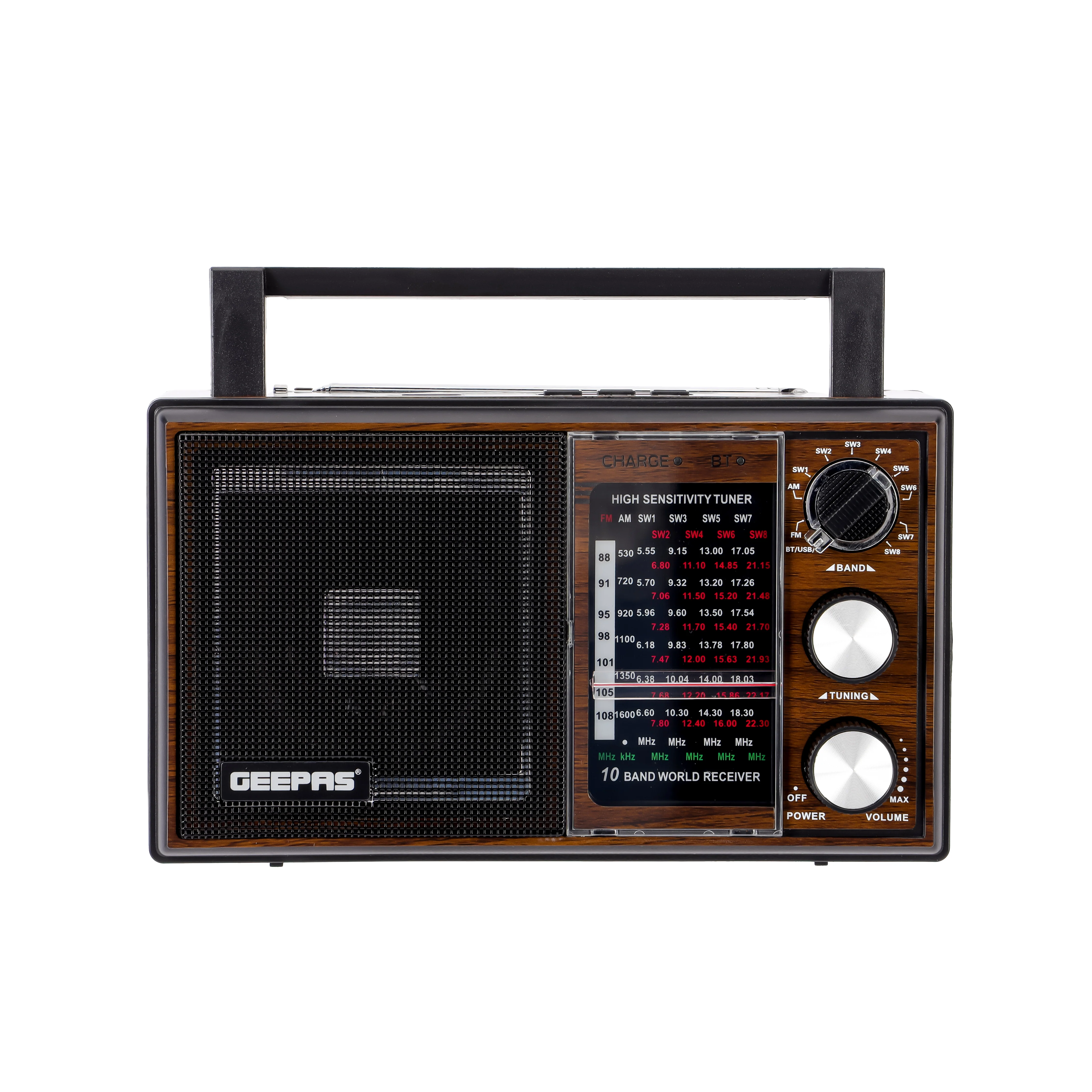 Geepas GR6842 Rechargeable Radio - BT/USB/SD /TF Music Player | Bluetooth Speaker | Lightweight Portable FM Radio | 10 Band Radio | Stylish Retro Design