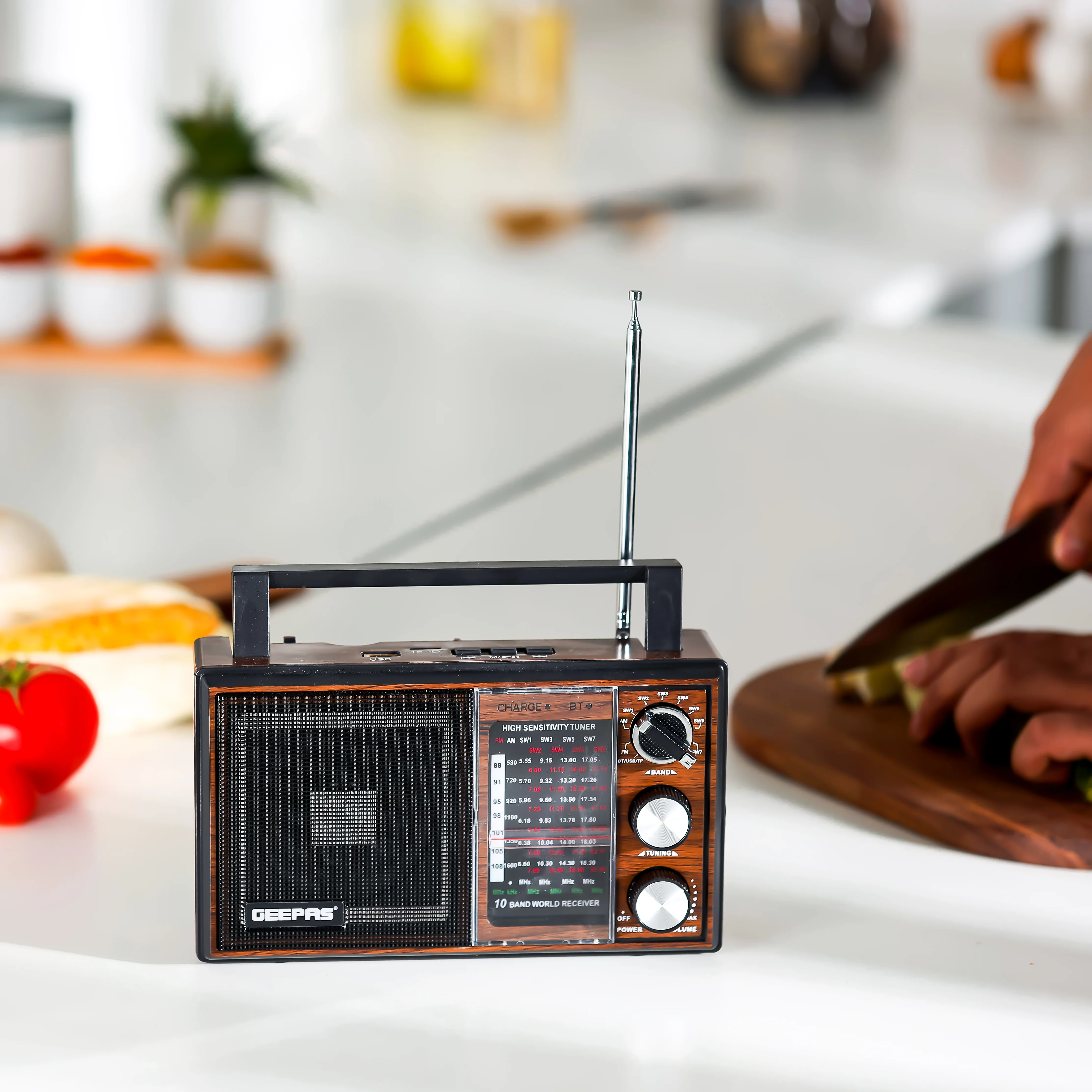 Geepas GR6842 Rechargeable Radio - BT/USB/SD /TF Music Player | Bluetooth Speaker | Lightweight Portable FM Radio | 10 Band Radio | Stylish Retro Design - Image 3