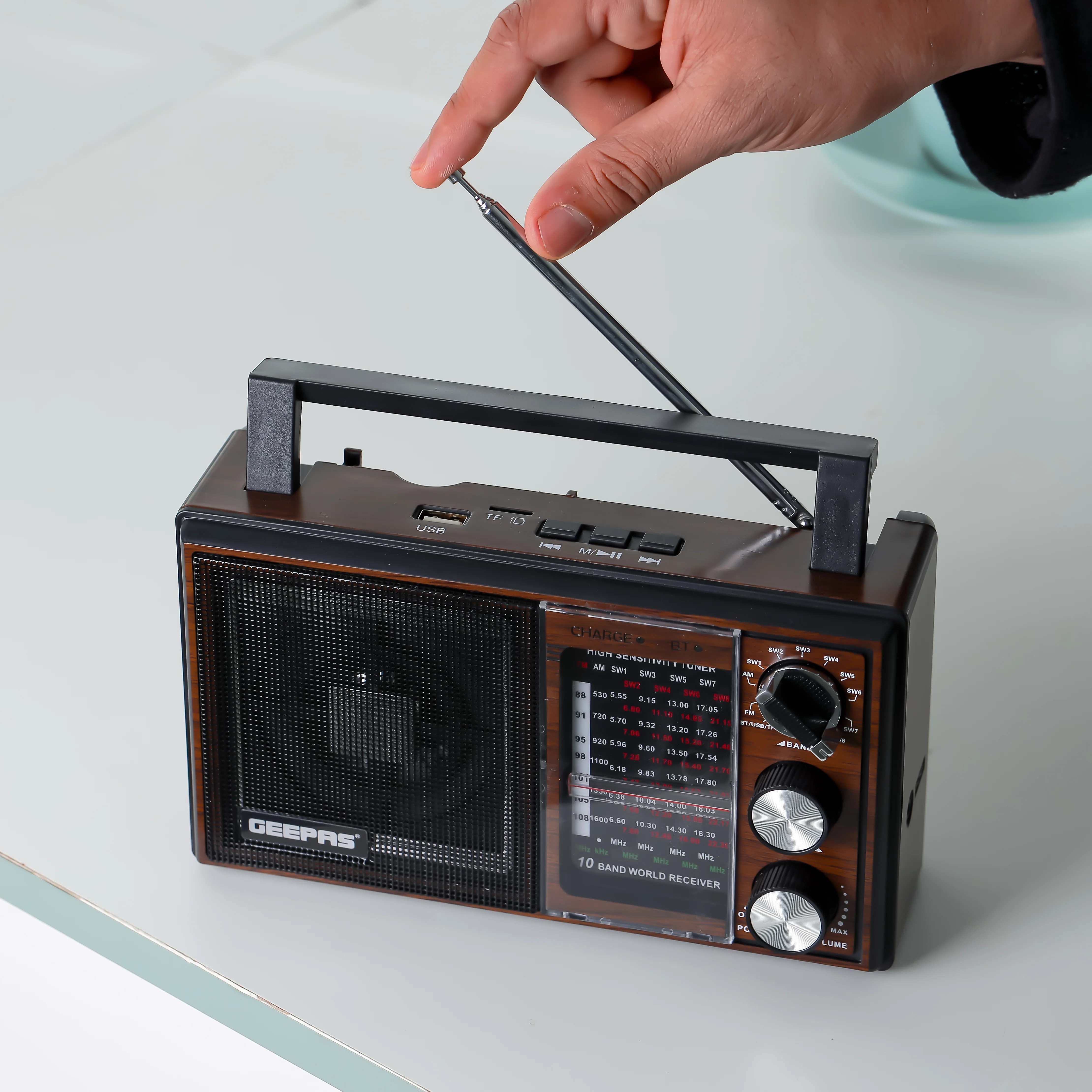 Geepas GR6842 Rechargeable Radio - BT/USB/SD /TF Music Player | Bluetooth Speaker | Lightweight Portable FM Radio | 10 Band Radio | Stylish Retro Design - Image 6