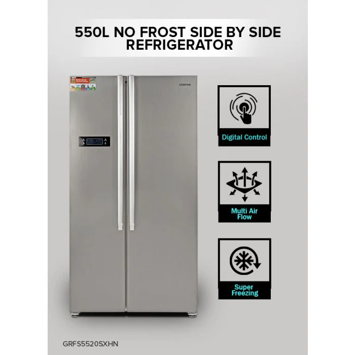 Geepas Side By Side Refrigerator, 550 Litre, GRFS5520SXHN | Digital Control Temperature Display | Inverter Compressor | Tempered Glass Shelf, Twist Ice Maker | Smart Eco, Super Freezing - Image 2