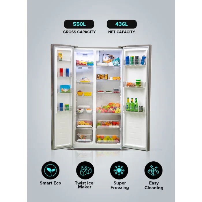 Geepas Side By Side Refrigerator, 550 Litre, GRFS5520SXHN | Digital Control Temperature Display | Inverter Compressor | Tempered Glass Shelf, Twist Ice Maker | Smart Eco, Super Freezing - Image 3
