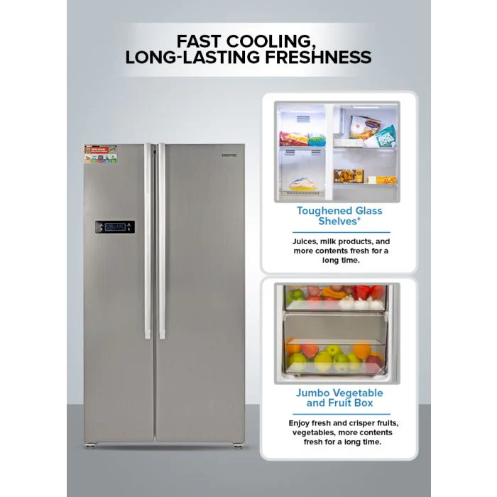 Geepas Side By Side Refrigerator, 550 Litre, GRFS5520SXHN | Digital Control Temperature Display | Inverter Compressor | Tempered Glass Shelf, Twist Ice Maker | Smart Eco, Super Freezing - Image 5