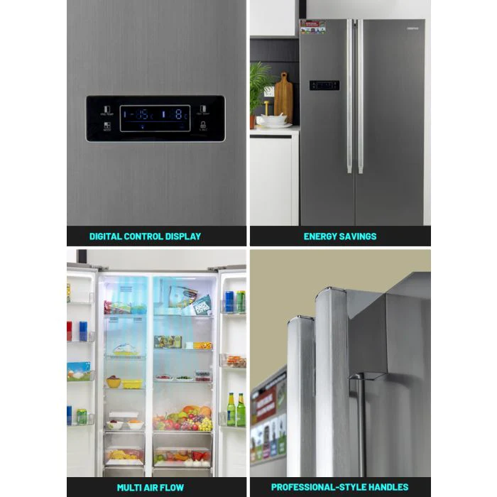 Geepas Side By Side Refrigerator, 550 Litre, GRFS5520SXHN | Digital Control Temperature Display | Inverter Compressor | Tempered Glass Shelf, Twist Ice Maker | Smart Eco, Super Freezing - Image 6