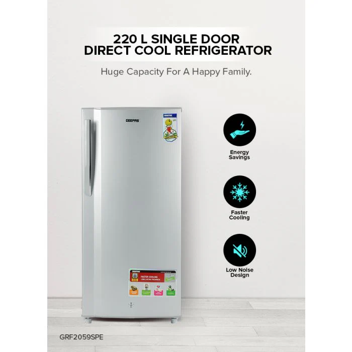 Geepas  Single Door Direct Cool Refrigerator- GRF2059SPE| Quick Cooling with Defrost Technology| Glass Shelves, Transparent Door Basket, Extra Space and Long Lasting Freshness| Low Noise Design and Low Voltage| Silver, 1 Year Warranty - Image 2