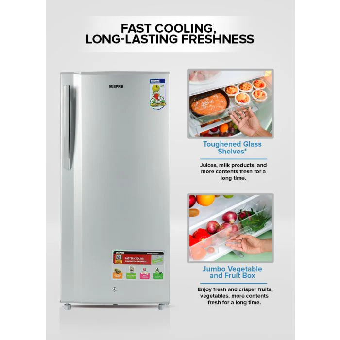 Geepas  Single Door Direct Cool Refrigerator- GRF2059SPE| Quick Cooling with Defrost Technology| Glass Shelves, Transparent Door Basket, Extra Space and Long Lasting Freshness| Low Noise Design and Low Voltage| Silver, 1 Year Warranty - Image 4