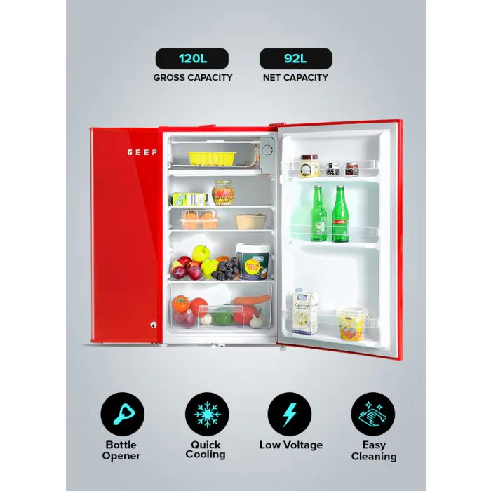 Geepas Single Door Mini Defrost Refrigerator|GRF1202RXE| Mini Fridge| Retro Design| Low Noise| Low Voltage| Quick Cooling| Easy Cleaning| Red - Image 3
