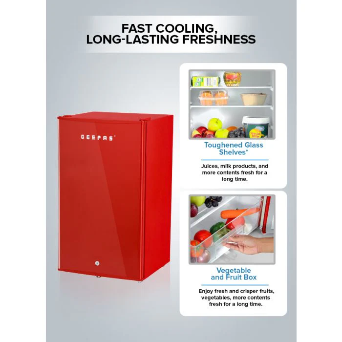 Geepas Single Door Mini Defrost Refrigerator|GRF1202RXE| Mini Fridge| Retro Design| Low Noise| Low Voltage| Quick Cooling| Easy Cleaning| Red - Image 4