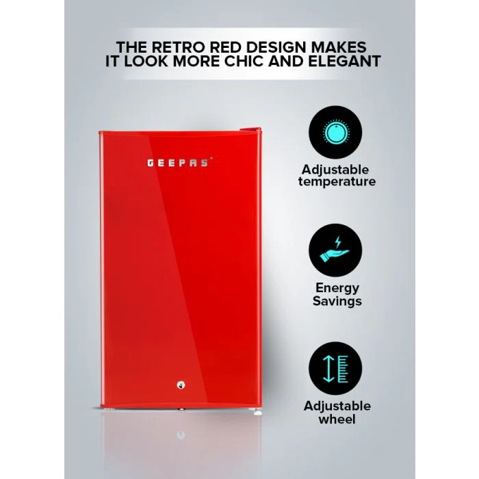 Geepas Single Door Mini Defrost Refrigerator|GRF1202RXE| Mini Fridge| Retro Design| Low Noise| Low Voltage| Quick Cooling| Easy Cleaning| Red - Image 5