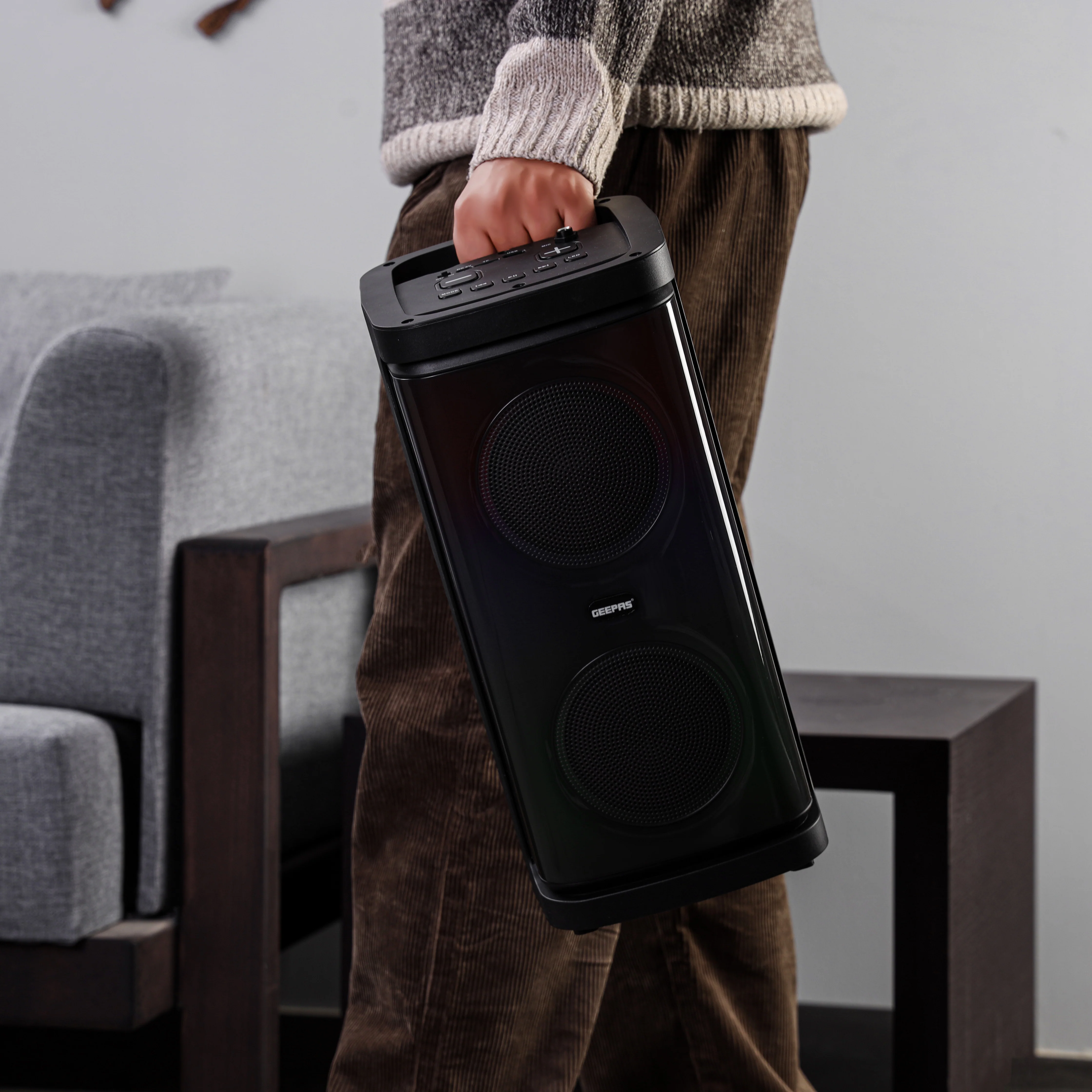 Geepas Rechargeable Portable Speaker GMS11193 | 20000W PMPO, RGB Light, USB, TF, TWS, FM, Bluetooth, VHF Mic | With Remote | For Parties & Home | Black, 2-Year Warranty - Image 3