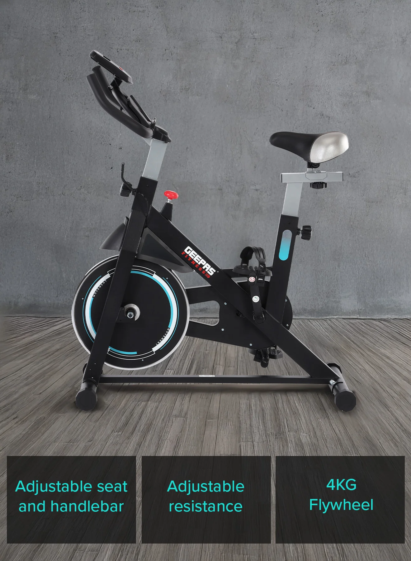 Geepas Spin Bike- GFT90004/ Low Noise, with Emergency Break and Digital Display/ Adjustable Seat, Handlebar, Resistance/ Perfect for Home Workout, Weight Loss Training/ Black, 2 Years Warranty - Image 7