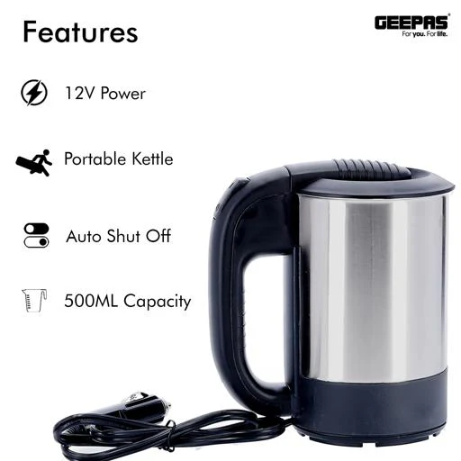 Geepas Stainless Steel Car Kettle GK38041 | 0.5L Travel Electric Kettle| 12V Car Adapter| Fast Boiling| Durable Stainless Steel Body| Safety Features| 2 Year Warranty - Image 4