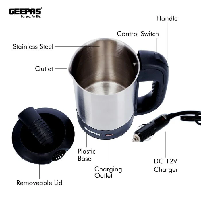 Geepas Stainless Steel Car Kettle GK38041 | 0.5L Travel Electric Kettle| 12V Car Adapter| Fast Boiling| Durable Stainless Steel Body| Safety Features| 2 Year Warranty - Image 5