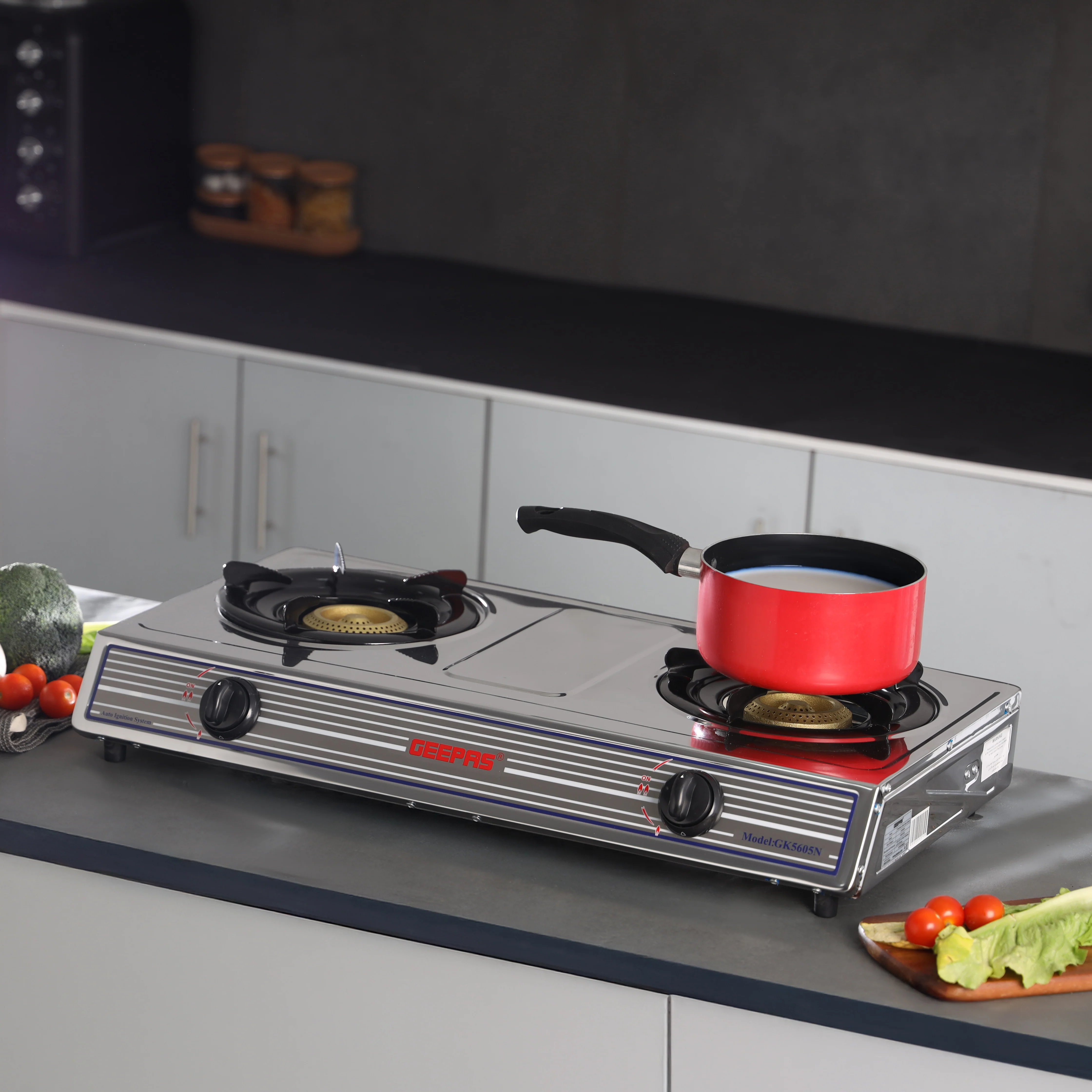 Geepas Stainless Steel Gas Cooker- GK5605/Double Cast Iron Burner Stovetop| Low Gas Consumption|Efficient Heating|Auto Ignition System| LPG Stove|Silver| 2 Years Warranty - Image 2